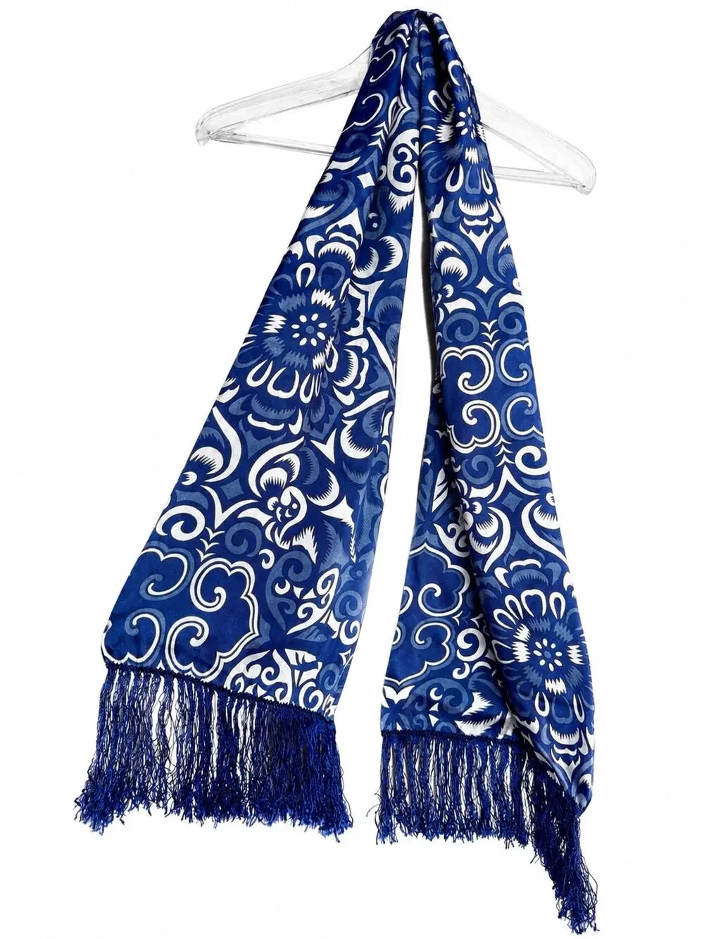Shanghai Tang Blue White Ornamental Print 100% Silk Fringe Scarf